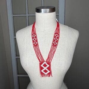 Red White Seed Beaded‎ Necklace Red White Geometric Pattern Women's One Size